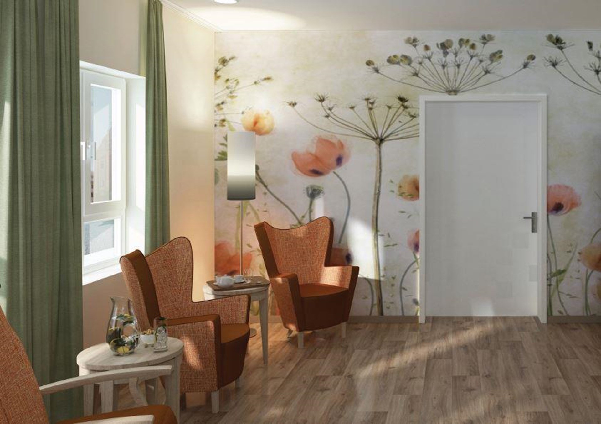 Das Bild zeigt den Aufenthaltsraum der Caritas Tagespflege Pfeffenhausen mit zwei Rotbraunen Ohrensesseln und runden Beistelltischen. Die Wand schmückt eine Motivtapete mit großen Wiesenblumen 